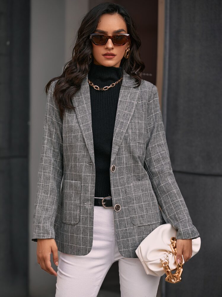 Aveloria Modichic Blazer de trabajo de solapa sencilla con doble bolsillo con estampado de cuadrícula - Gris Oscuro - Añade 1