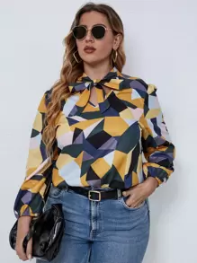 SHEIN LUNE Plus Geo Print Tie Neck Blouse - Multicolor - View 1