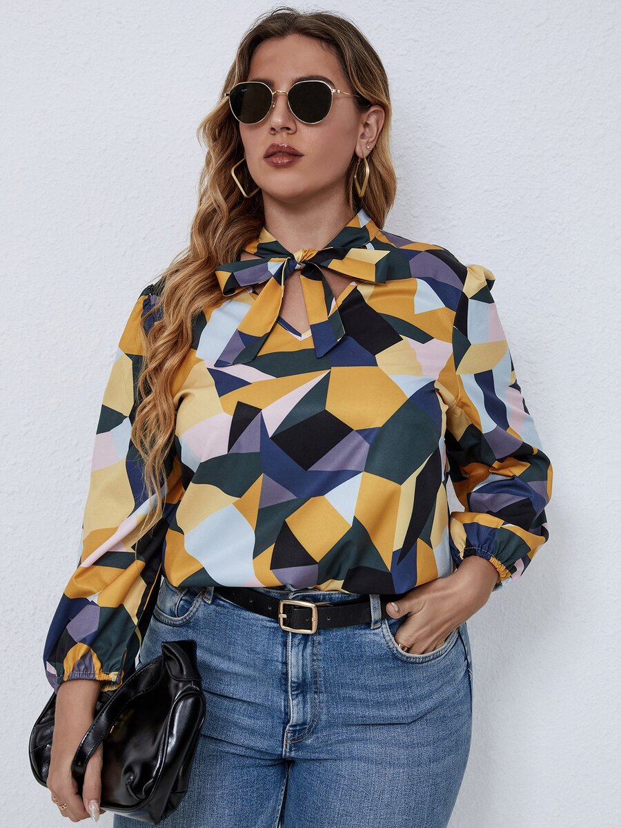 SHEIN LUNE Plus Geo Print Tie Neck Blouse - Multicolor - View 1