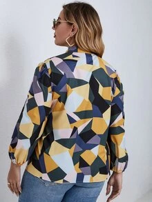 SHEIN LUNE Plus Geo Print Tie Neck Blouse - Multicolor - View 2