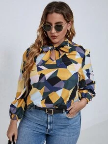 SHEIN LUNE Plus Geo Print Tie Neck Blouse - Multicolor - View 3