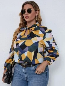 SHEIN LUNE Plus Geo Print Tie Neck Blouse - Multicolor - View 4