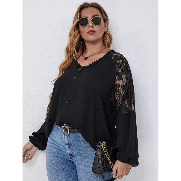 

Plus Contrast Lace Bishop Sleeve Blouse, Black