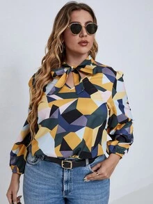 SHEIN LUNE Plus Geo Print Tie Neck Blouse - Multicolor - View 5