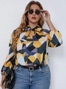SHEIN LUNE Plus Geo Print Tie Neck Blouse - Multicolor - View 6