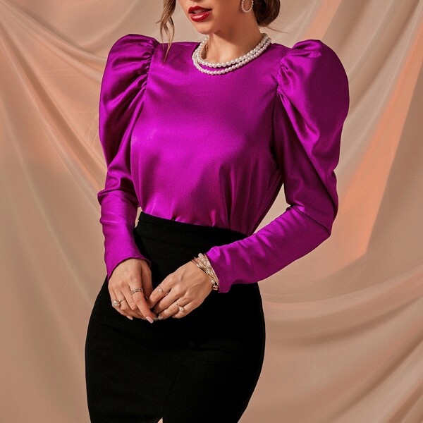 

Solid Puff Sleeve Satin Blouse, Red violet