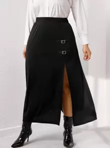 Celure Váy Plus Size Tách cao màu trơn Thanh lịch - màu đen - Xem 1