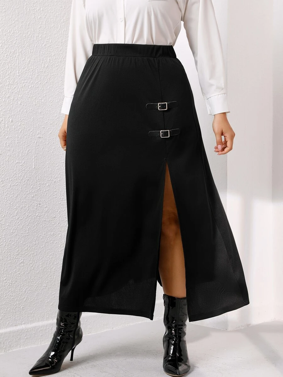 Celure Váy Plus Size Tách cao màu trơn Thanh lịch - màu đen - Xem 1