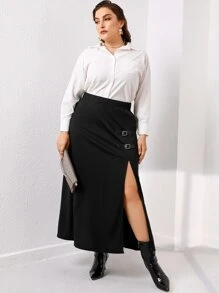 Celure Váy Plus Size Tách cao màu trơn Thanh lịch - màu đen - Xem 3