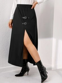 Celure Váy Plus Size Tách cao màu trơn Thanh lịch - màu đen - Xem 4