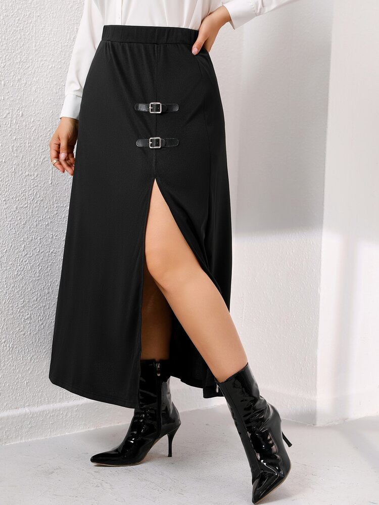 Celure Váy Plus Size Tách cao màu trơn Thanh lịch - màu đen - Xem 4