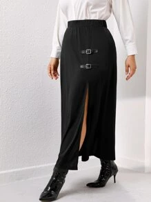 Celure Váy Plus Size Tách cao màu trơn Thanh lịch - màu đen - Xem 5