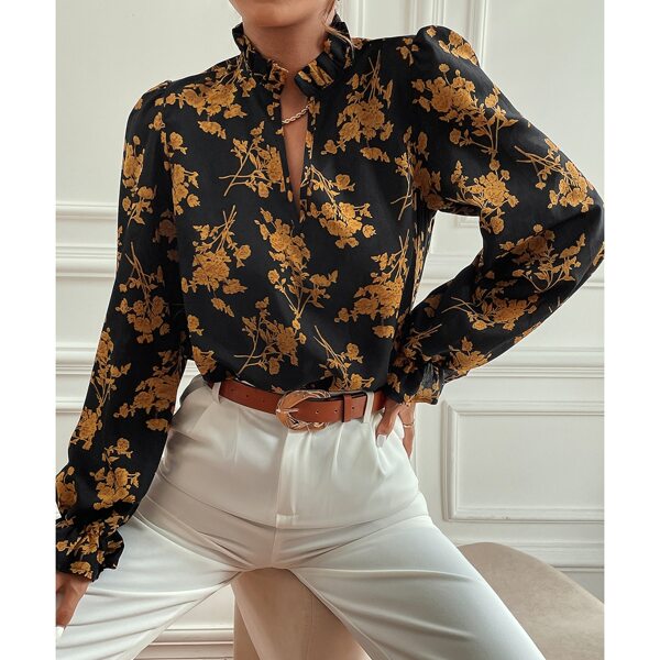 

Allover Floral Print Flounce Sleeve Frilled Neck Blouse, Multicolor