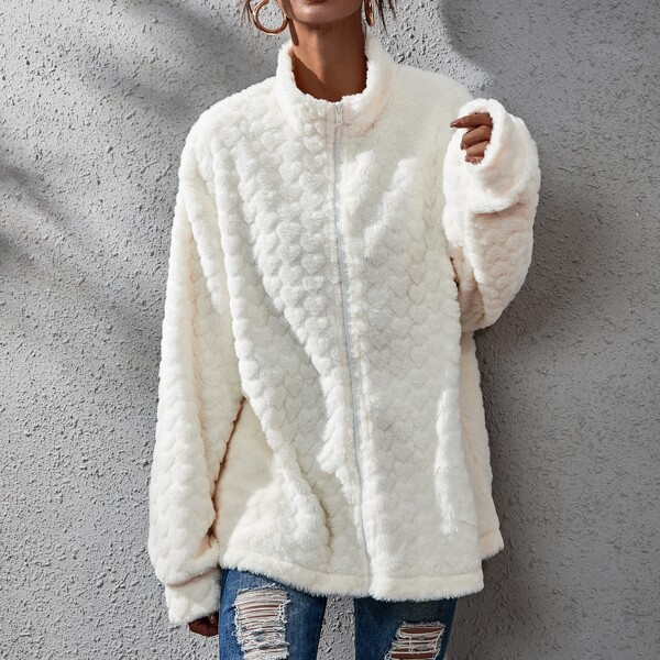 

Solid Zip Front Teddy Coat, White