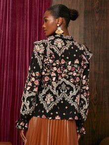 SHEIN VCAY 印花木耳褶皺邊繫帶領荷葉袖上衣