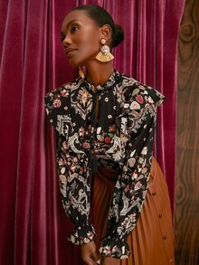 SHEIN VCAY 印花木耳褶皺邊繫帶領荷葉袖上衣