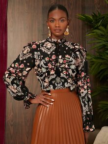 SHEIN VCAY 印花木耳褶皺邊繫帶領荷葉袖上衣