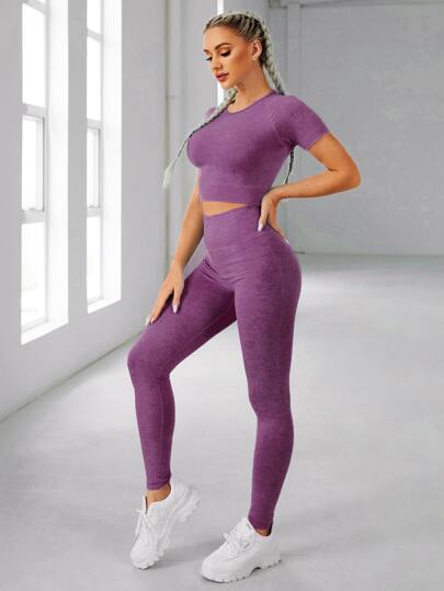 Easithlete 2pcs Seamless High Stretch Yoga Set Sports Suit Raglan Sleeve Sports Tee Tummy Control Sports Leggings