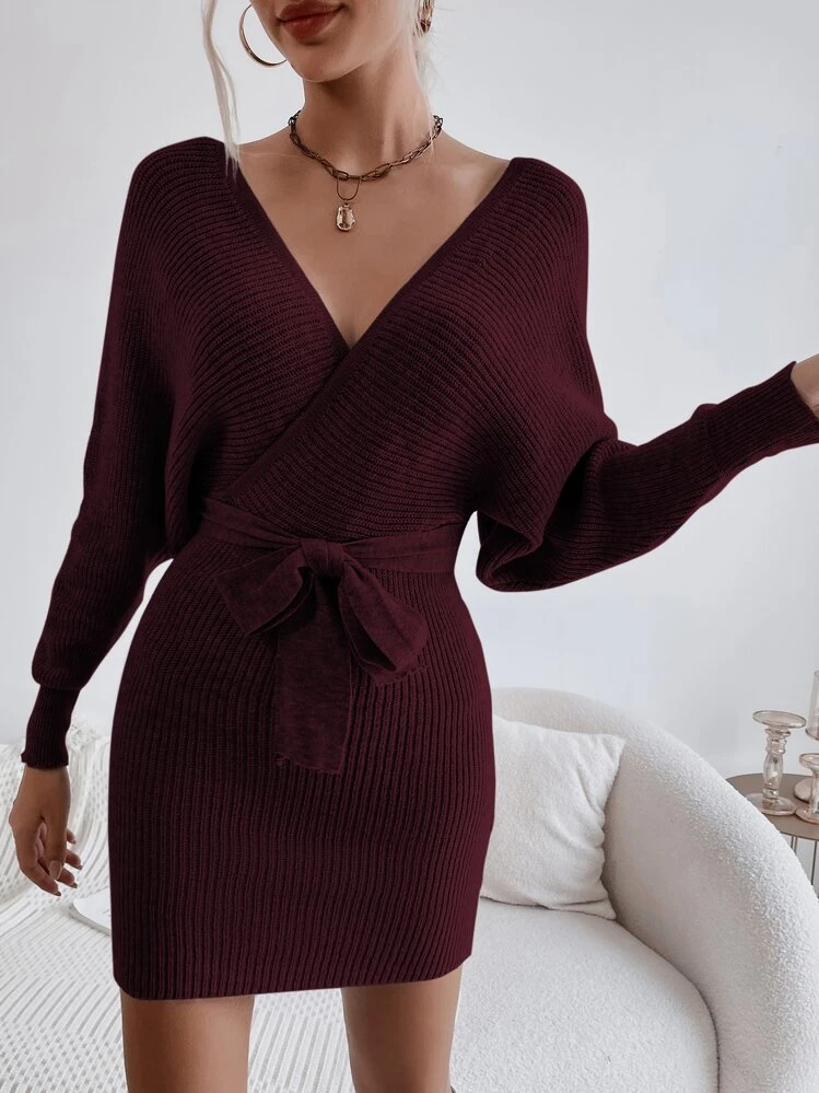 burgundy wrap sweater dress DARING DIVA Tie Waist Bodycon Knit Wrap Sweater Dress M Black