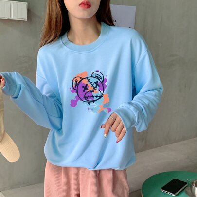 풀오버 카툰 곰 패턴 드롭 숄더