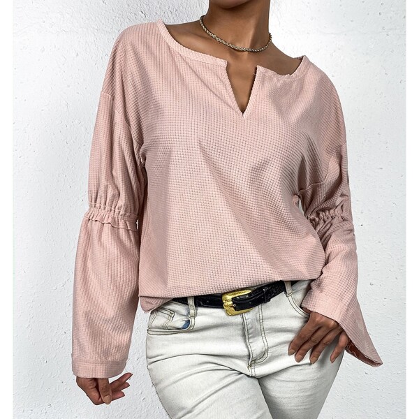 

Notched Neck Flounce Sleeve Tee, Dusty pink