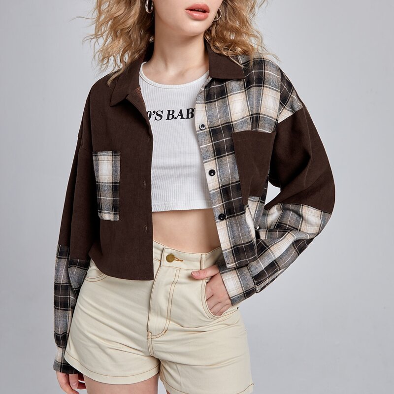 

Contrast Plaid Pocket Crop Jacket, Chocolate brown