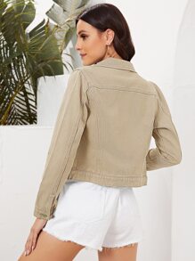 Chaqueta mezclilla con bolsillo con solapa con botón delantero - Caqui - Ver 2