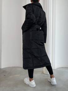 Belted Longline Padded Padded Coat Clothes Winter - Black - View 2