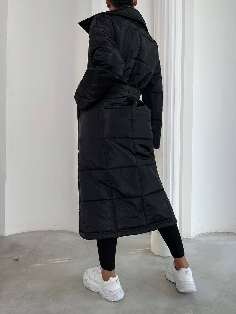 Belted Longline Padded Padded Coat Clothes Winter - Black - View 2