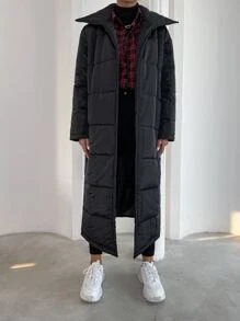 Belted Longline Padded Padded Coat Clothes Winter - Black - View 3