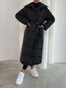 Belted Longline Padded Padded Coat Clothes Winter - Black - View 5