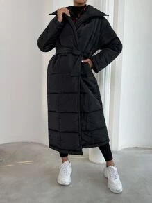 Belted Longline Padded Padded Coat Clothes Winter - Black - View 6