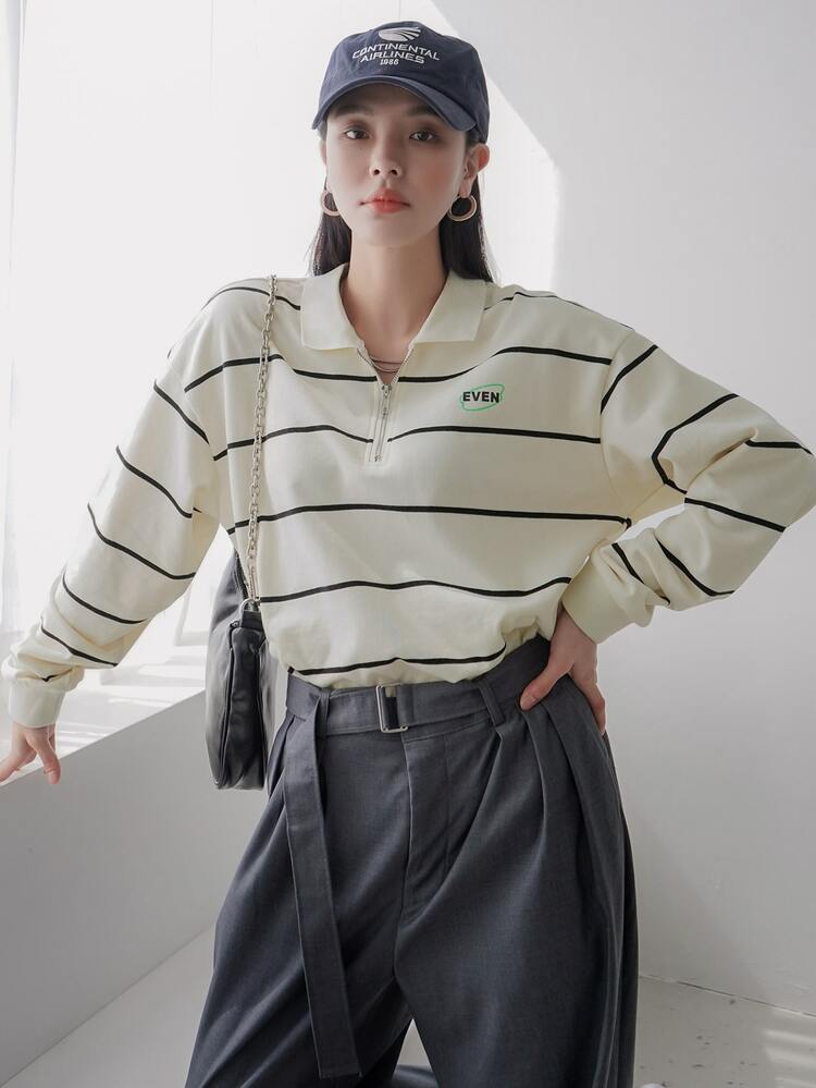 DAZY Striped & Letter Graphic Drop Shoulder Kangaroo Pocket Sweatshirt - Beige - View 5