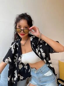 DAZY Floral Print Button Front Blouse Summer Cruise Women Outfits Vacation Outfits Women Easter Boho - Black - View 1
