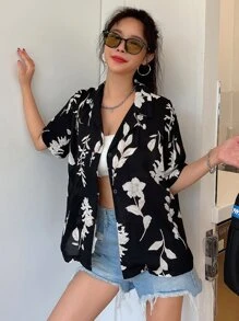 DAZY Floral Print Button Front Blouse Summer Cruise Women Outfits Vacation Outfits Women Easter Boho - Black - View 7