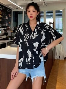 DAZY Floral Print Button Front Blouse Summer Cruise Women Outfits Vacation Outfits Women Easter Boho - Black - View 8