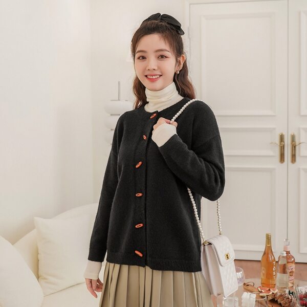 

Button Front Crew Neck Cardigan, Black
