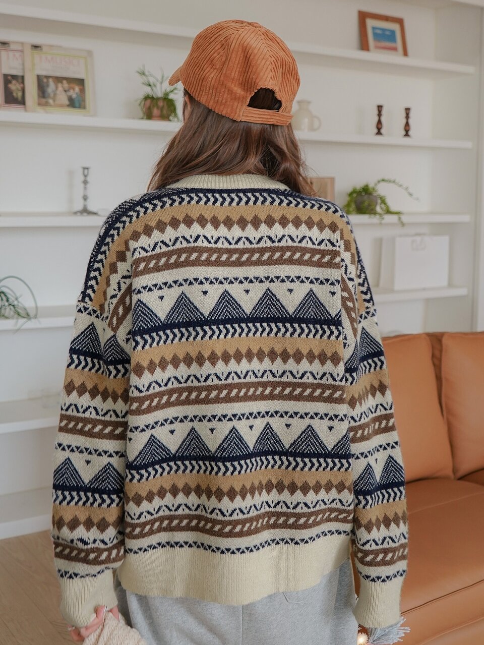 Striped And Geo Pattern Drop Shoulder Sweater,Long Sleeve Tops,Fall Clothes