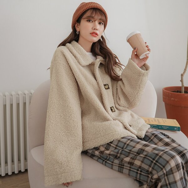 

Drop Shoulder Teddy Coat, Khaki