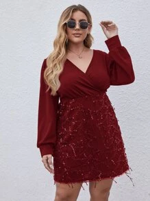 Đầm Plus Size ghép mộng kim sa Trọn gói màu trơn Thanh lịch - Màu Đỏ Sâu - Xem 3