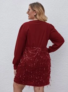 Đầm Plus Size ghép mộng kim sa Trọn gói màu trơn Thanh lịch - Màu Đỏ Sâu - Xem 2