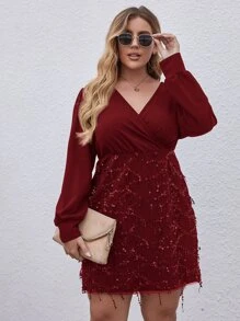 Đầm Plus Size ghép mộng kim sa Trọn gói màu trơn Thanh lịch - Màu Đỏ Sâu - Xem 1