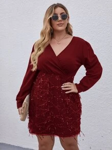 Đầm Plus Size ghép mộng kim sa Trọn gói màu trơn Thanh lịch - Màu Đỏ Sâu - Xem 4