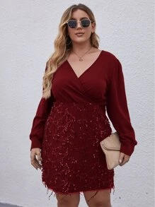 Đầm Plus Size ghép mộng kim sa Trọn gói màu trơn Thanh lịch - Màu Đỏ Sâu - Xem 5