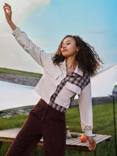 Plaid Panel Flap Pocket Jacket