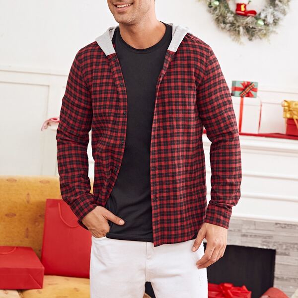 

Men Plaid Print Hooded Shirt, Multicolor