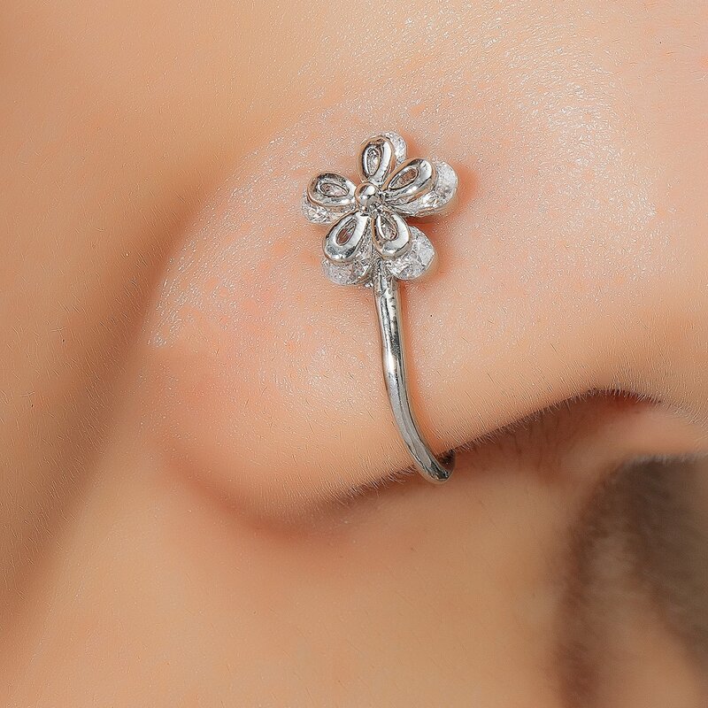 

Rhinestone Flower Decor Nose Ring, Silver