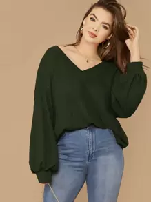 SHEIN LUNE Plus Drop Shoulder Lantern Sleeve Waffle Knit Top - Dark Green - View 1