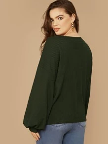 SHEIN LUNE Plus Drop Shoulder Lantern Sleeve Waffle Knit Top - Dark Green - View 2