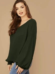 SHEIN LUNE Plus Drop Shoulder Lantern Sleeve Waffle Knit Top - Dark Green - View 3
